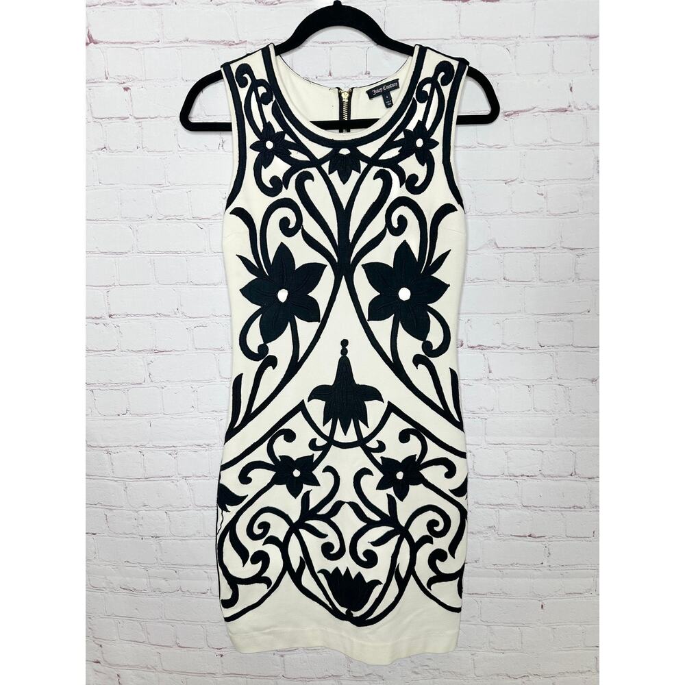 Juicy Couture White Black Embroidered Dress Womens Size 4 Fitted Y2K